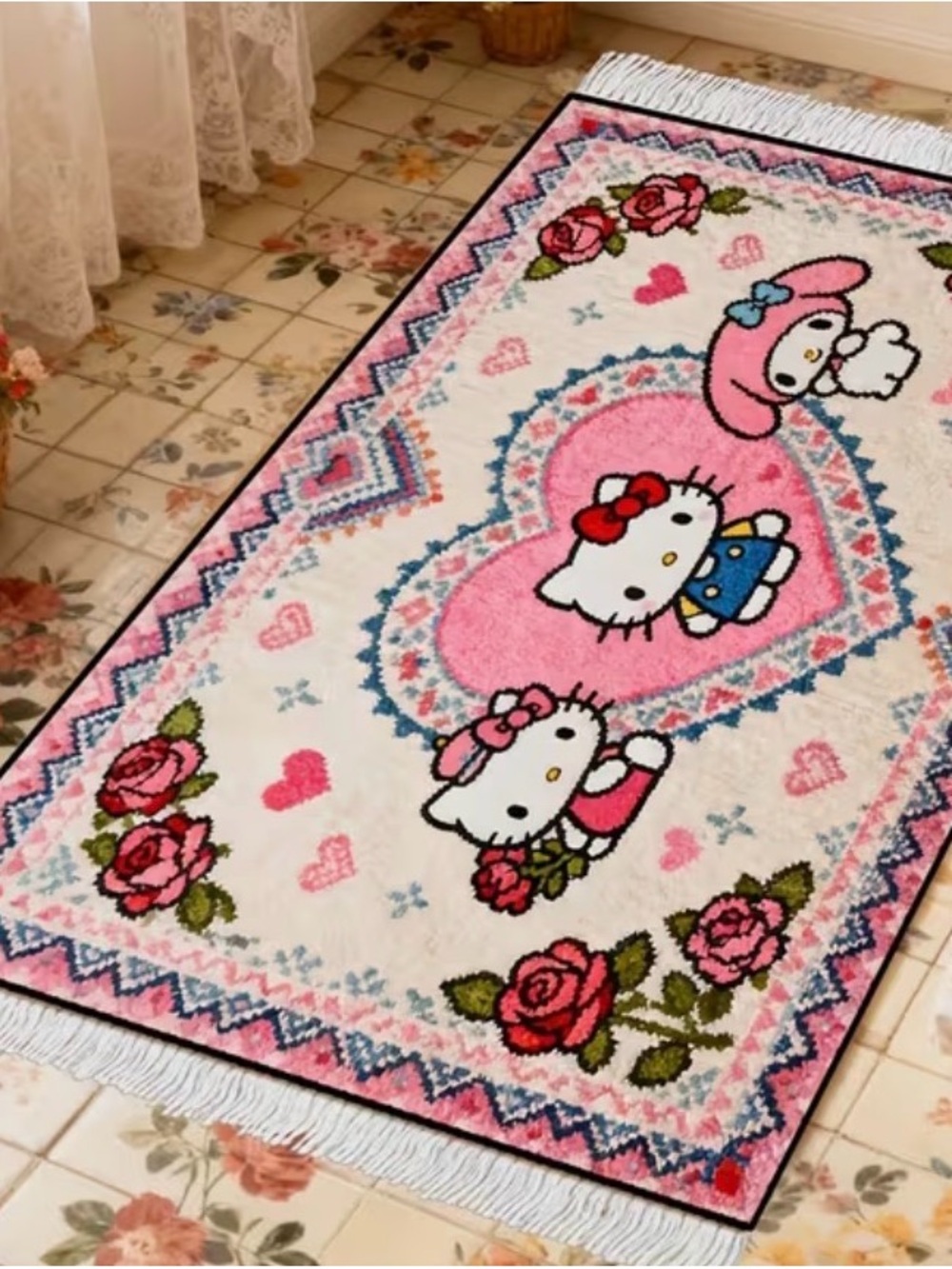 Hello Kitty White Pink Floral Heart Rug